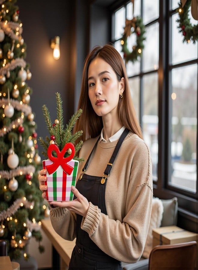 DIF DECO Red Bow Christmas Vase, 6.5 Inch Ceramic Unique Wide Paper Bag Vase, Xmas Cute Holiday Flower Pot for Centerpieces/Home/Living Room/Shelf Table, Modern Decor - Image 4